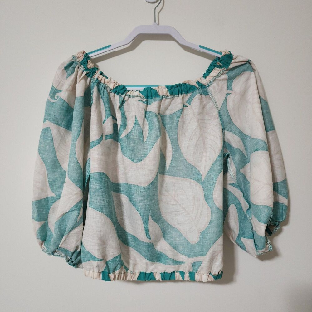 Rachel Zoe Womens Linen Blend Off-the-Shoulder Cropped Blouse Green Beige Size S - Picture 4 of 11